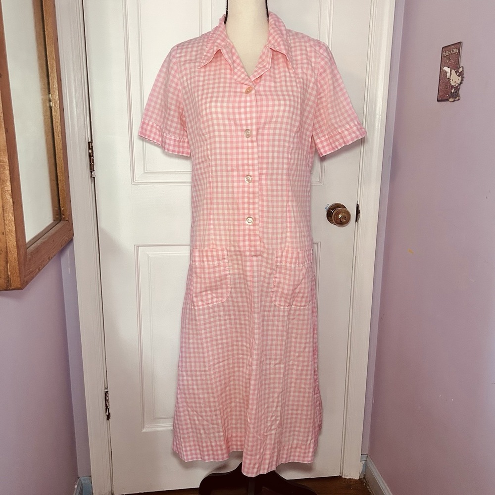 Vintage Pink And White Gingham Shirtdress Women's Small Farmhouse Cottagecore